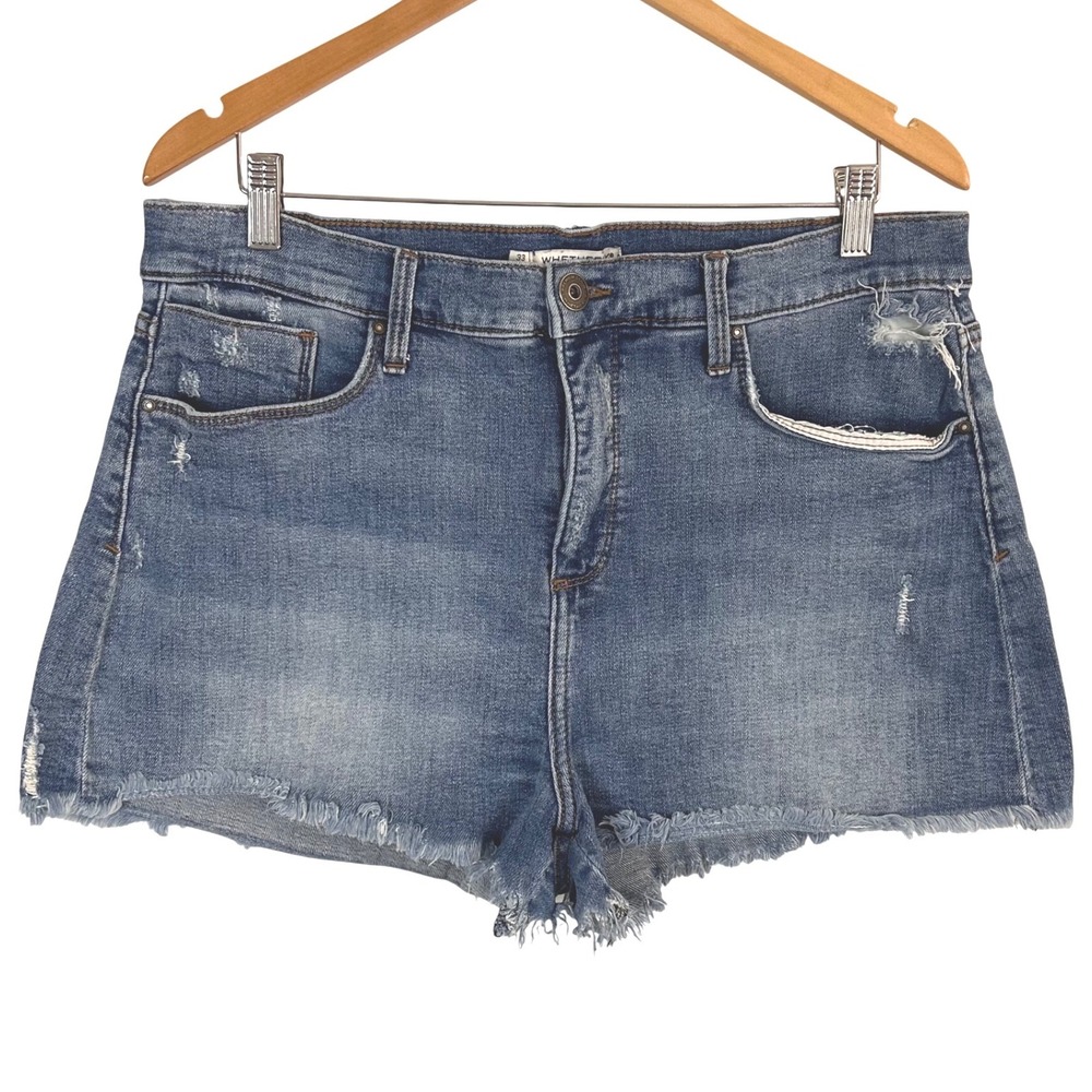 NWOT WHETHERLY Delon High Rise Distressed Denim Shorts Medium Wash Blue Sz 33 16